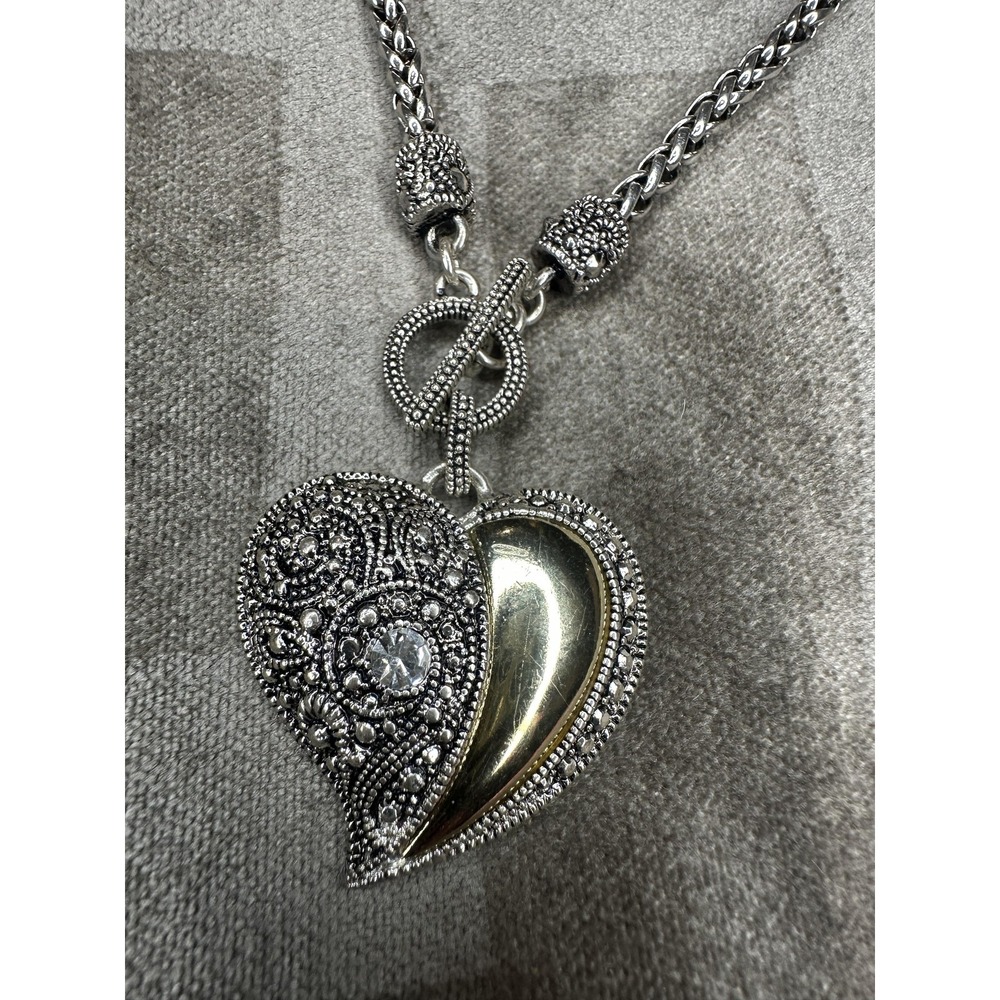 Silver Tone Heart Pendant Necklace Toggle Clasp Marcasite Style Chain Women